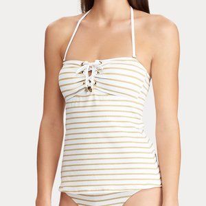 NWT Ralph Lauren Gold Striped Lace-Up Tankini Top